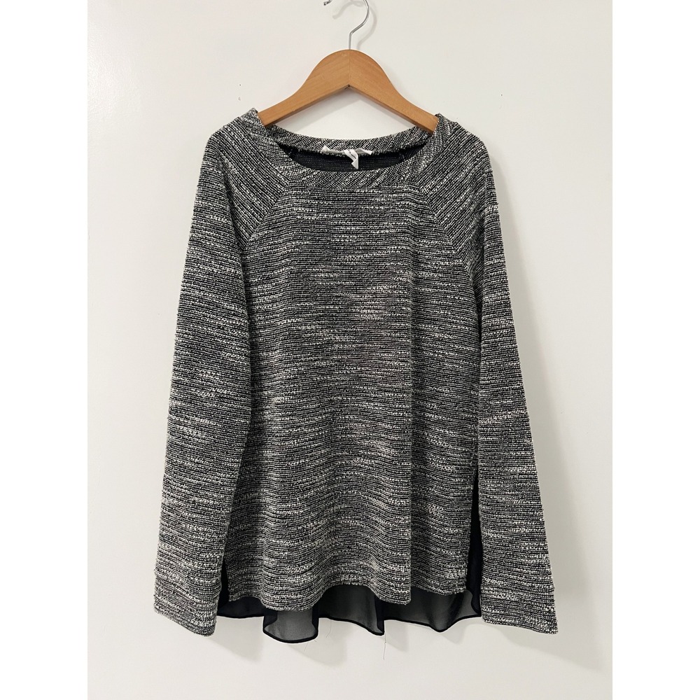 BCBGeneration Women's Tweed Knit Sweater‎ Black White Sheer Chiffon Hem S
